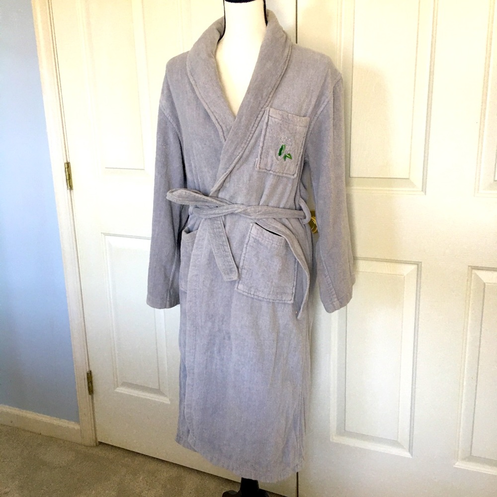 Grey cotton terry robe pocket flower belt